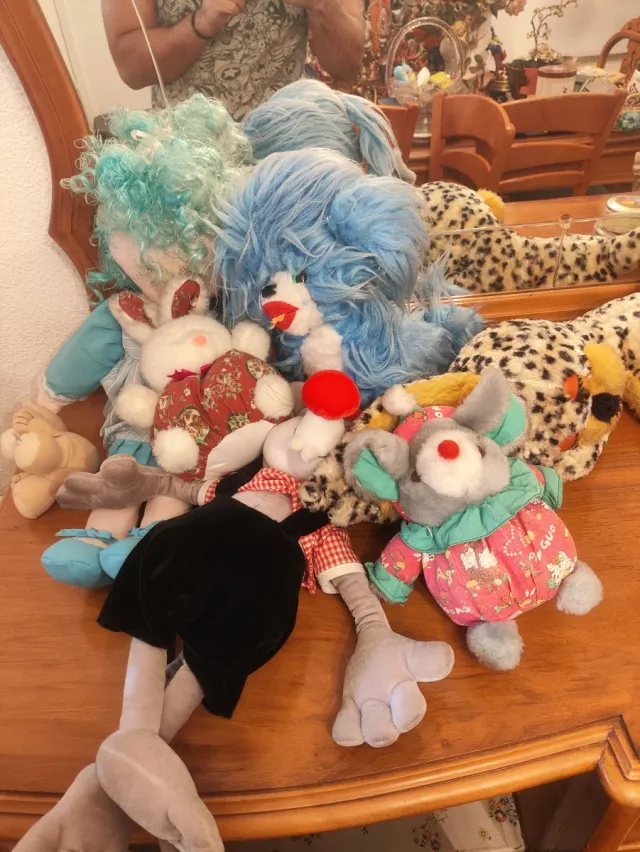 Lote peluches vintage ratón, conejo, muñeca