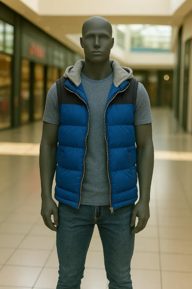 Chaleco acolchado azul y gris