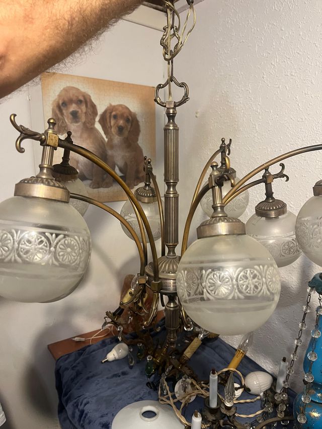 Lámpara de techo de cristal y metal. Vintage