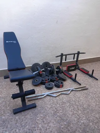 Kit Musculación Banco Pesas Mancuernas Barras