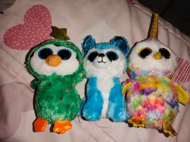 3 Peluches Beanie Babies: Pingüino, Lobo y Búho