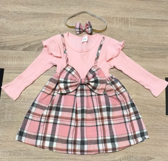 Conjunto Vestido Bebé Rosa Tartán y Diadema