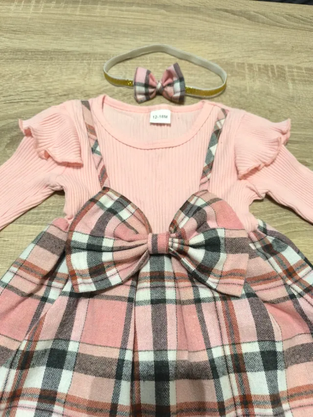 Conjunto Vestido Bebé Rosa Tartán y Diadema
