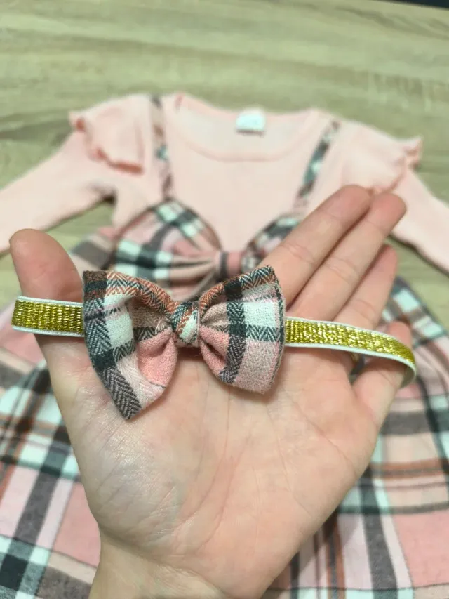 Conjunto Vestido Bebé Rosa Tartán y Diadema