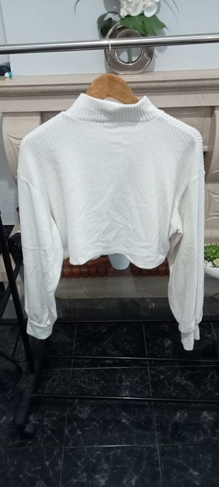 Top Bershka Branco Malha Gola Alta