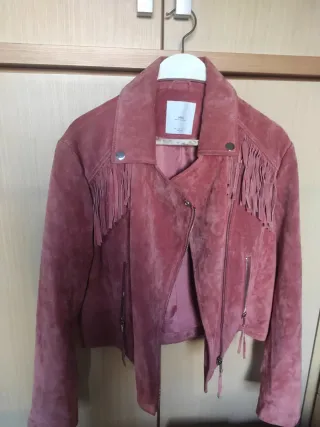 Cazadora Mango Piel Vuelta Rosa Talla L