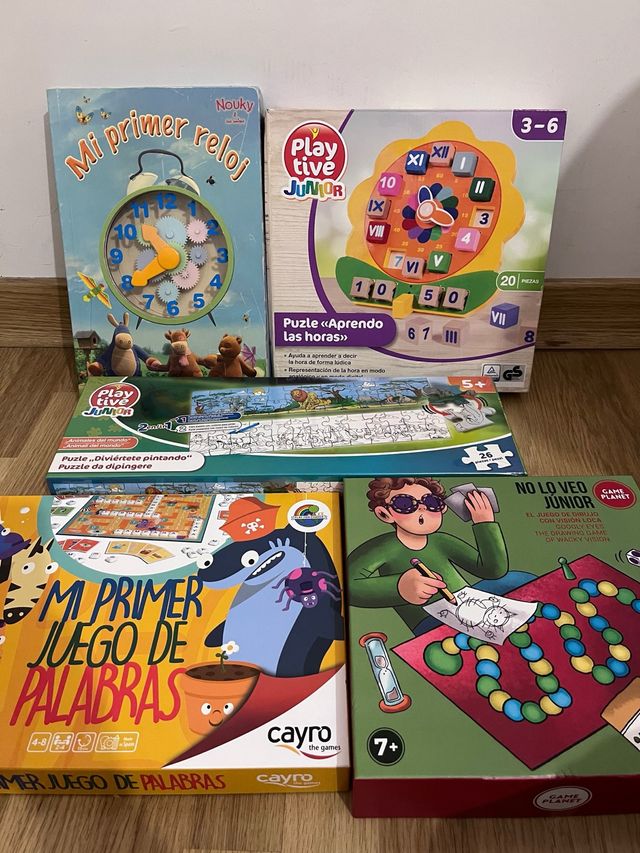 Lote juegos de mesa infantiles, reloj y puzzle