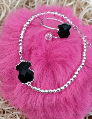 Conjunto Plata 925 Oso Esmaltado Negro