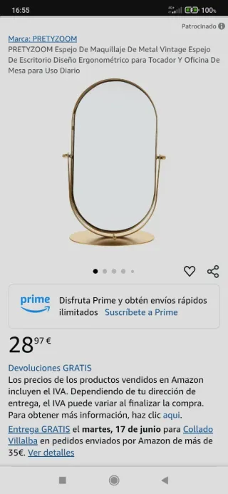 Espejo de tocador PRETYZOOM metal dorado.