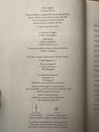 Canción de hielo y fuego: Juego de tronos (cart...