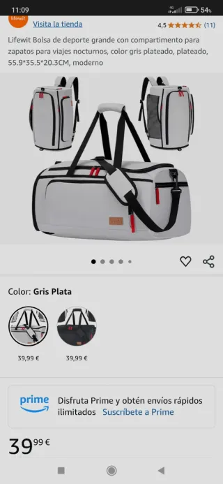 Bolsa de deporte Lifewit grande gris plateado.