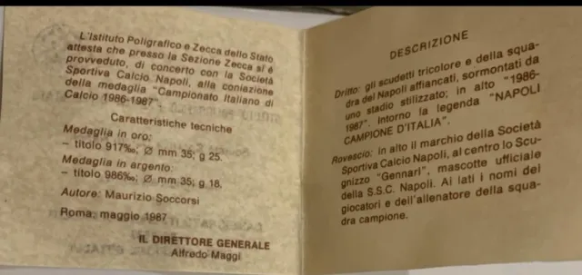 Moneta Argento Napoli 1°Scudetto 1986-87 + Foto
