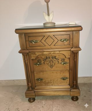 Mesita de noche madera rústica con cristal