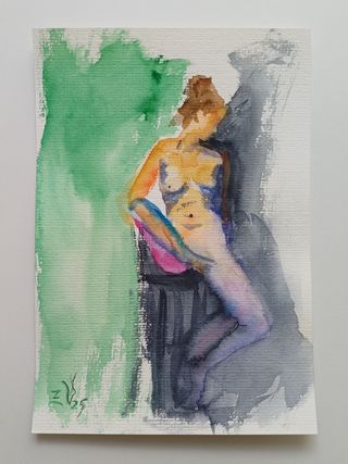 Acuarela Mujer Figura Original Arte 21x15cm