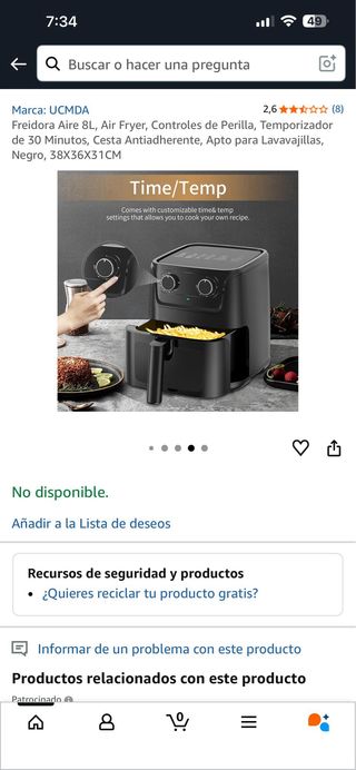 Freidora Aire UCMDA 6L Controles Perilla