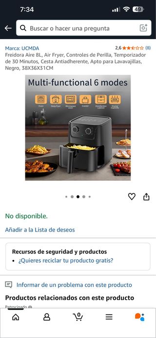 Freidora Aire UCMDA 6L Controles Perilla