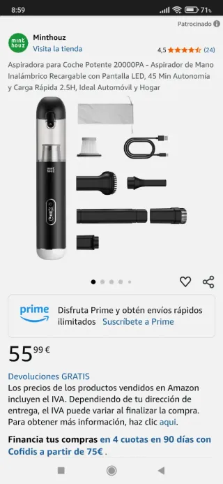 Mini aspiradora coche 20000PA LED.