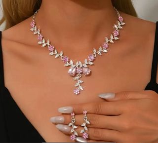 Conjunto Collar y Pendientes Flores Rosa Plata