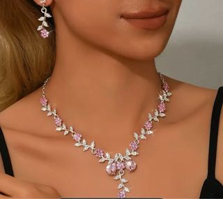 Conjunto Collar y Pendientes Flores Rosa Plata