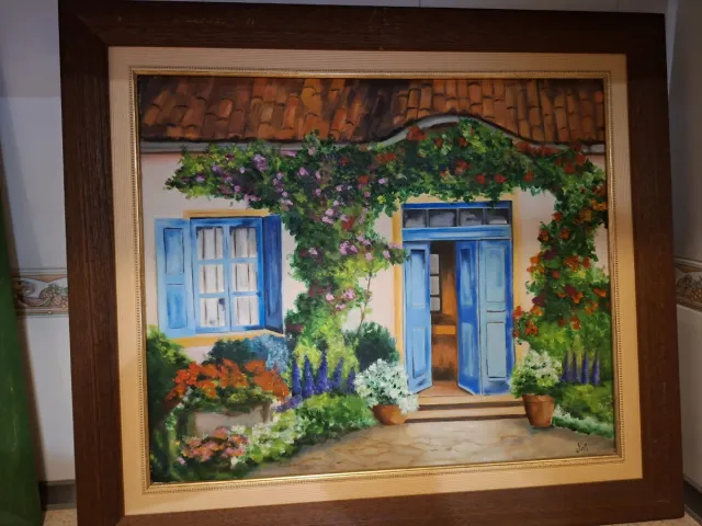 Cuadro casa con flores y puerta azul