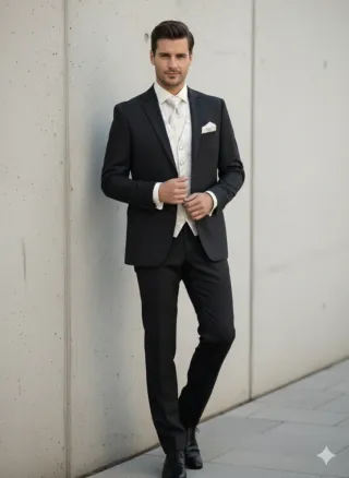 Traje de novio negro y beige