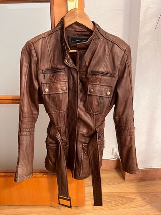 Cazadora Piel Zara Mujer Marrón