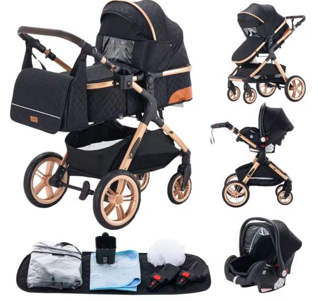 Carrito de bebé 3 piezas negro y dorado