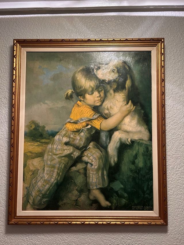 Quadro bambino e cane, cornice dorata