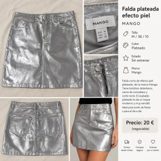 Falda plateada efecto piel Mango