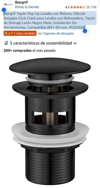 Tapón Desagüe Lavabo Ibergrif Negro Mate