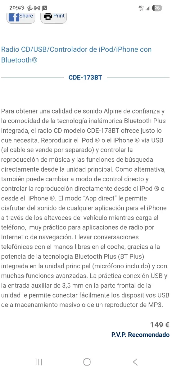 Radio Alpine CDE-173BT Bluetooth USB