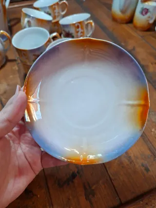 Juego de té porcelana rosas naranja y azul