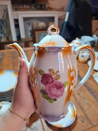 Juego de té porcelana rosas naranja y azul