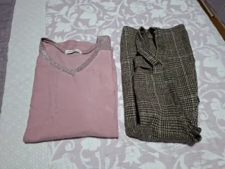 Conjunto Top Rosa y Pantalón Cuadros