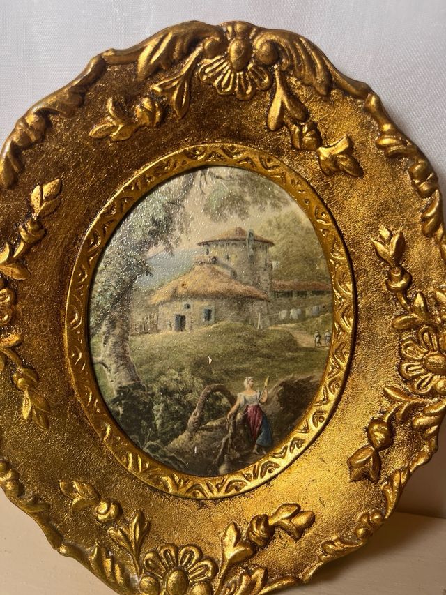 Coppia di quadri ovali dorati - scene campestri