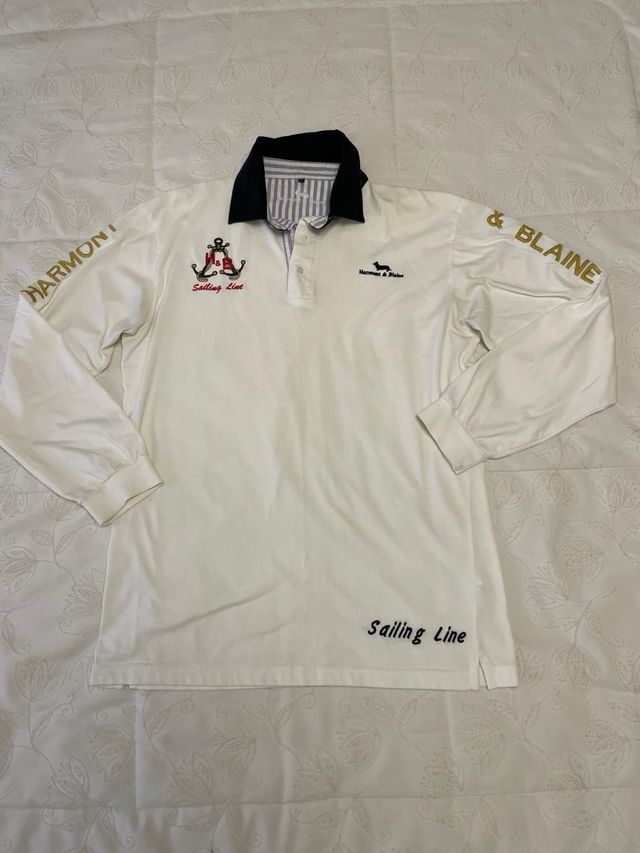 Polo hombre manga larga blanco y dorado