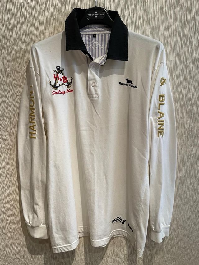 Polo hombre manga larga blanco y dorado