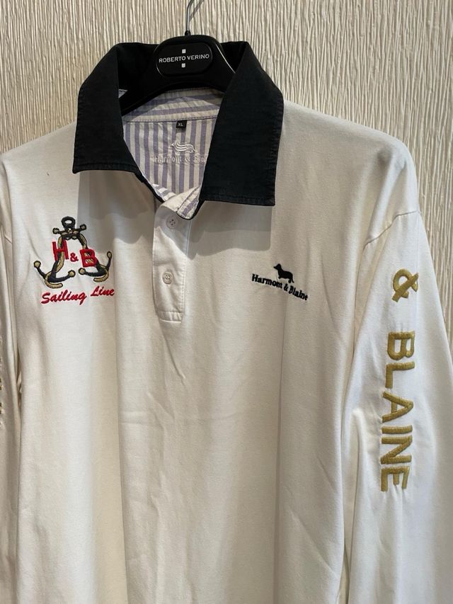 Polo hombre manga larga blanco y dorado