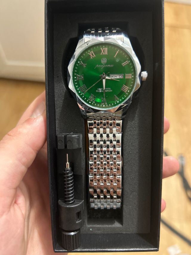 Reloj Paazomu por hombre, Verde y Plateado