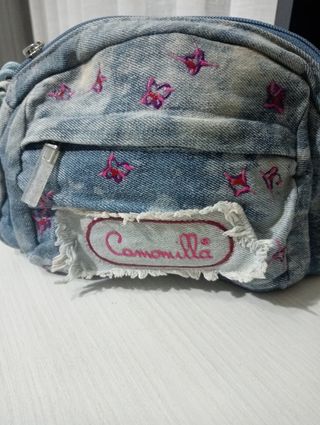 Pochette Camomilla jeans con fiori rosa