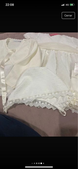 Conjunto bebé niña vestido, rebeca y capota