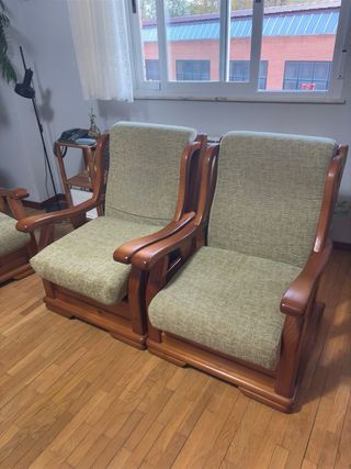 Sofá 3 plazas y 2 sillones madera