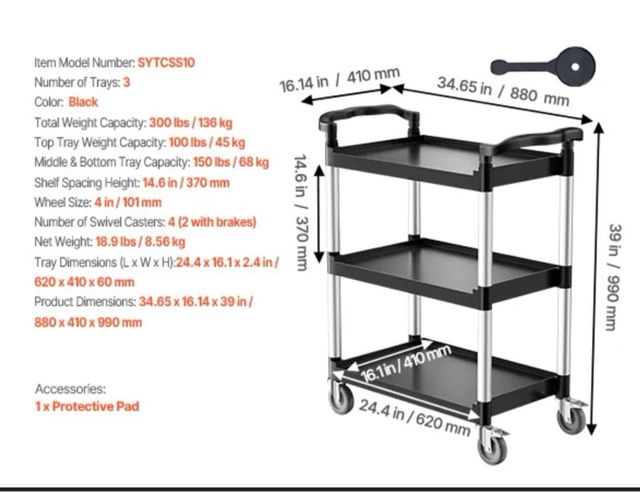 Carrito Auxiliar VEVOR de 3 Niveles Negro