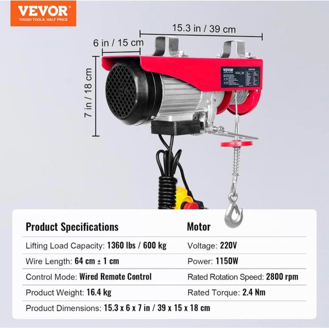 Polipasto Eléctrico VEVOR 1200Kg 12m Mando 4.2m