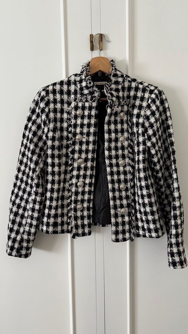 Chaqueta tweed cuadros blanco y negro