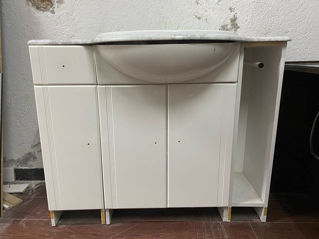 Lavabo Roca con mueble blanco y encimera mármol