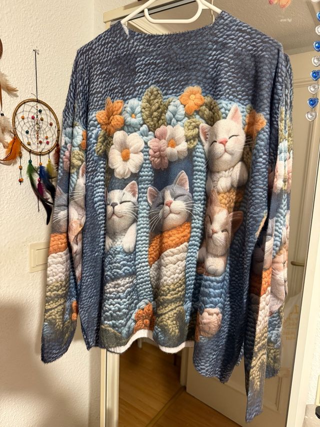 Jersey fino estampado gatos y flores