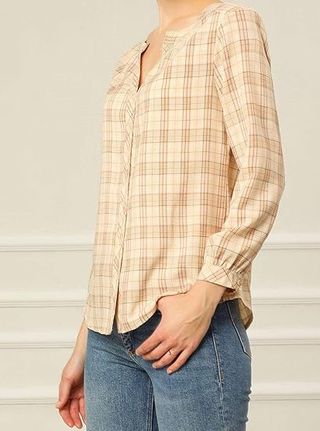 Camisa de mujer cuadros beige manga larga