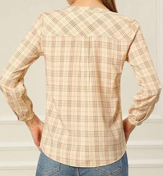 Camisa de mujer cuadros beige manga larga