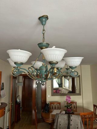 Lámpara de salón dorada y verde vintage